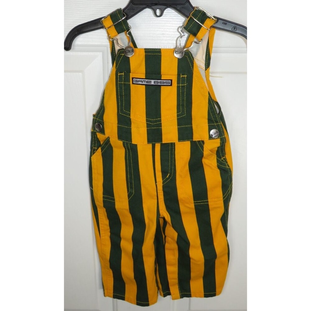 Game Bibs Overalls Baby Size 6 Months Green/Yellow Striped Gameday Football